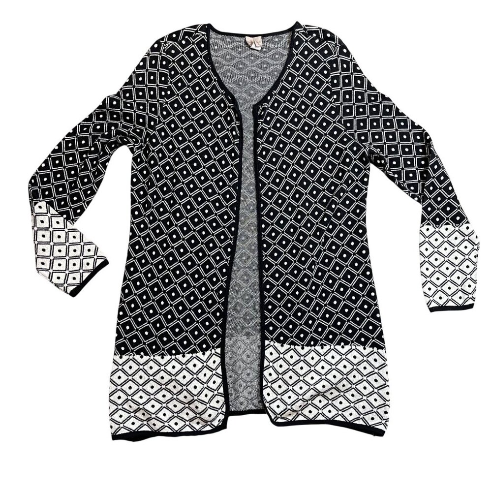 Chico's Easywear Open Front Cardigan Size 2 (US 12) 100% Cotton Knit Black White